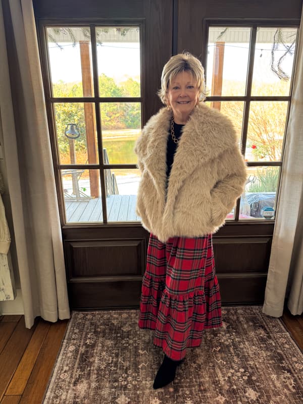 fur coat and plaid shirt