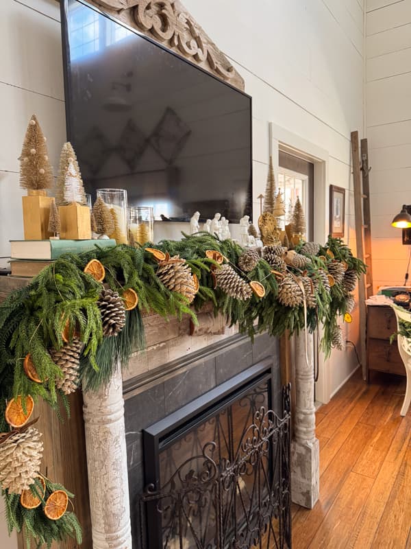 bleached pinecones and dried orange slices on garland.  
