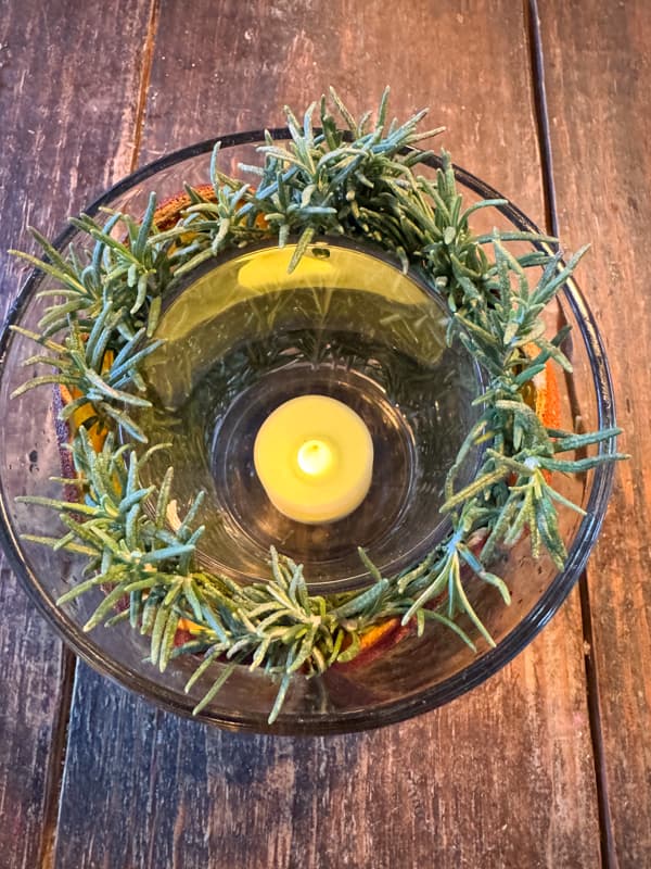 rosemary and dried orange candleholder with tea light candle.  