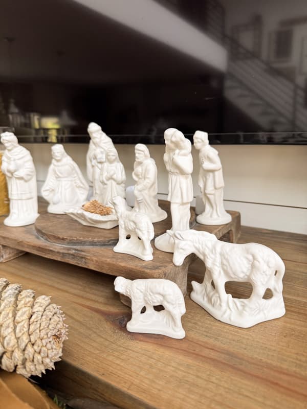 updated nativity scene with spray paint on mantel