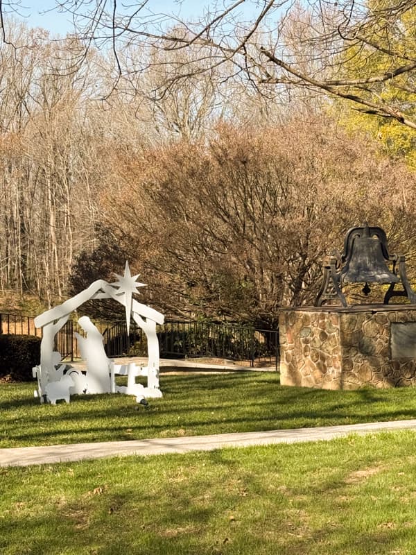 Nativity Scene and bell at old church in Gold Hill, NC