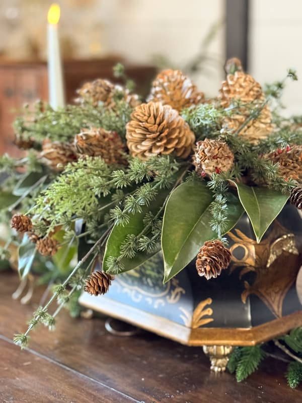 Pinecone Christmas Centerpiece with Faux and Real Greenery