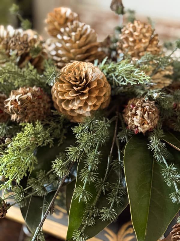 close up of pinecones and magnolia seed pods in Christmas Centerpiece