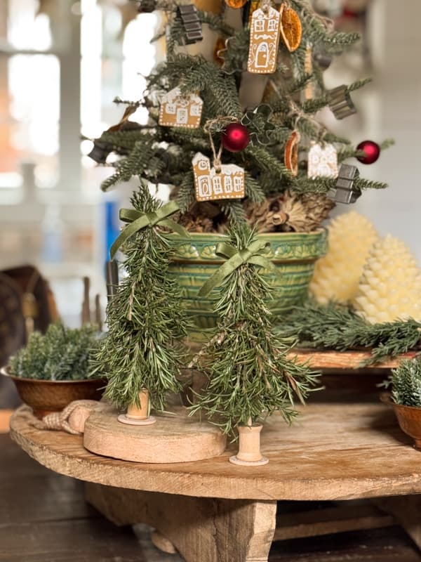 rosemary trees on vintage cheese boards on kitchen island