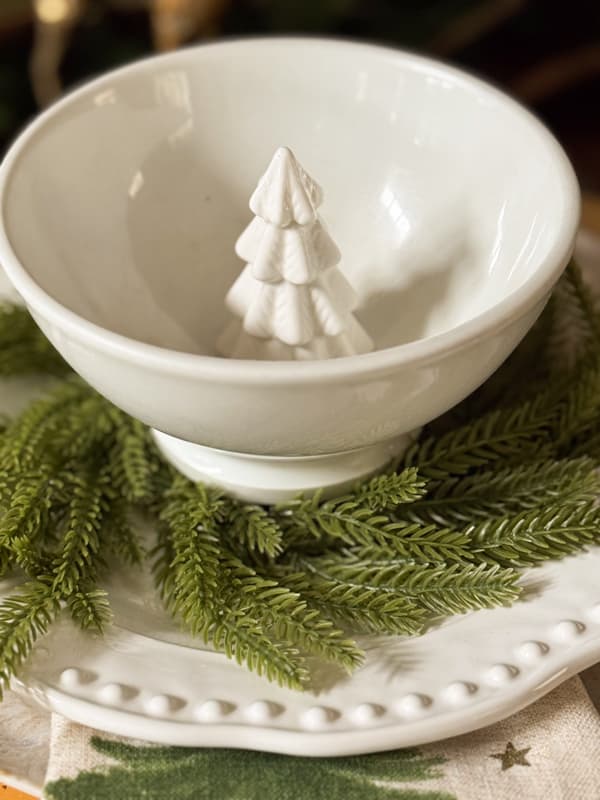 Vintage soup bowl with ceramic white christmas tree