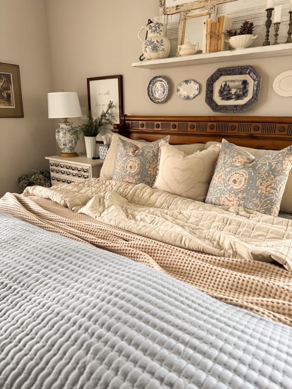 DIY Blue and White Lamp with Amazon Bedding for Pottery Barn Dupe