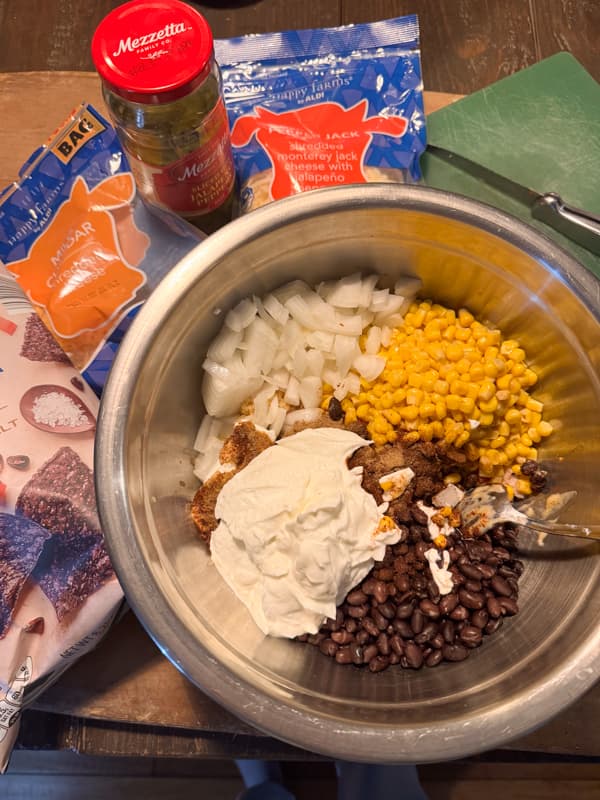 Mexican Chicken Casserole Ingredients in mixing bowl