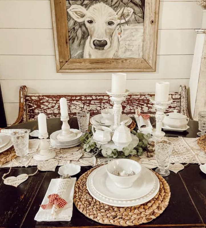 Neutral Valentines Tablescape with whites and beige and a cow painting