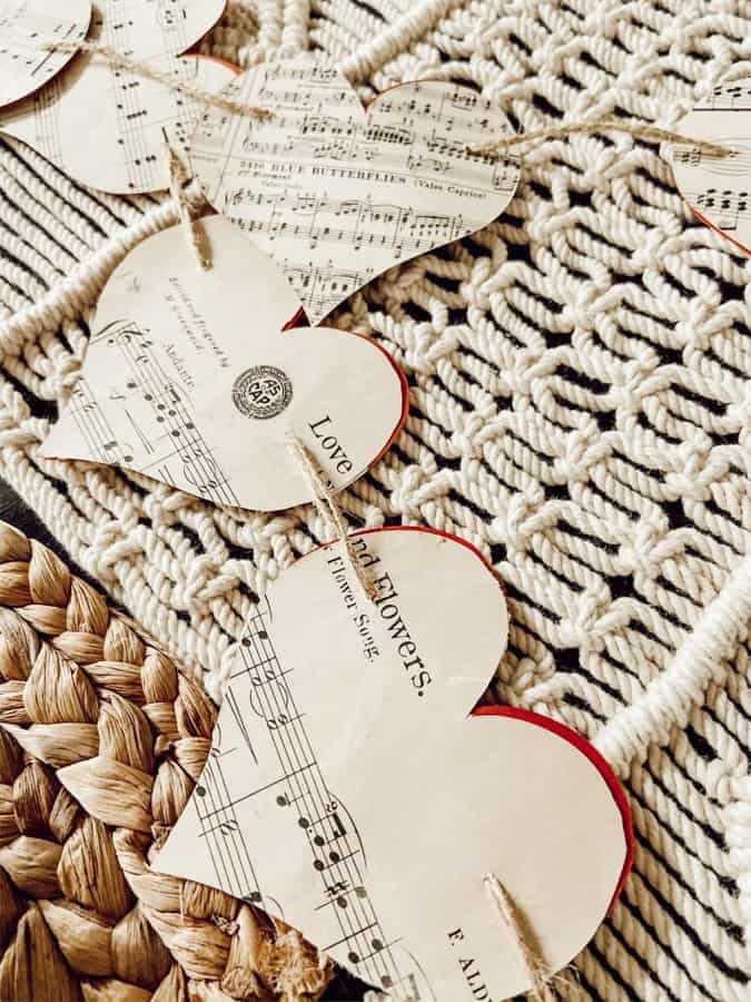 DIY Paper heart garland made with vintage music sheets