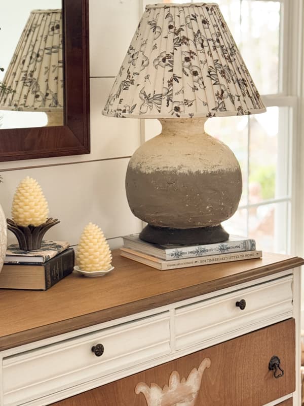 Pottery Barn Inspired lamp on vintage chest in entry way.  