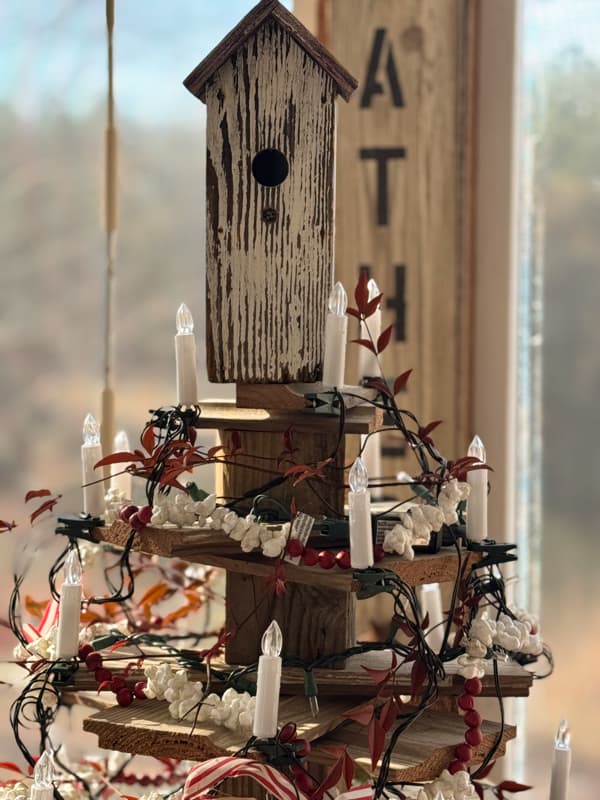 Shiplap tree with birdhouse for topper and clip on candles