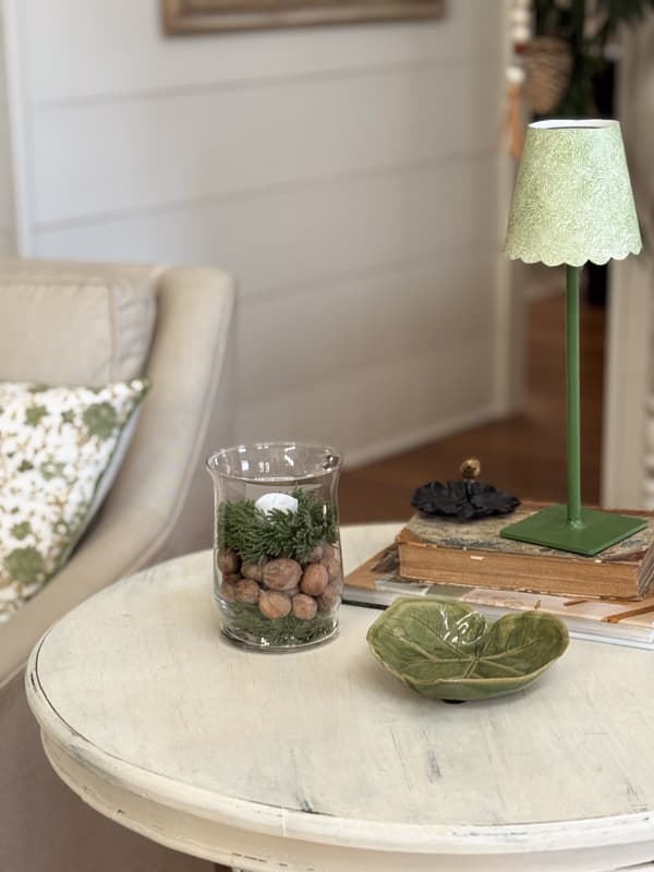 update lampshade with DIY candleholder & leaf dish on side table