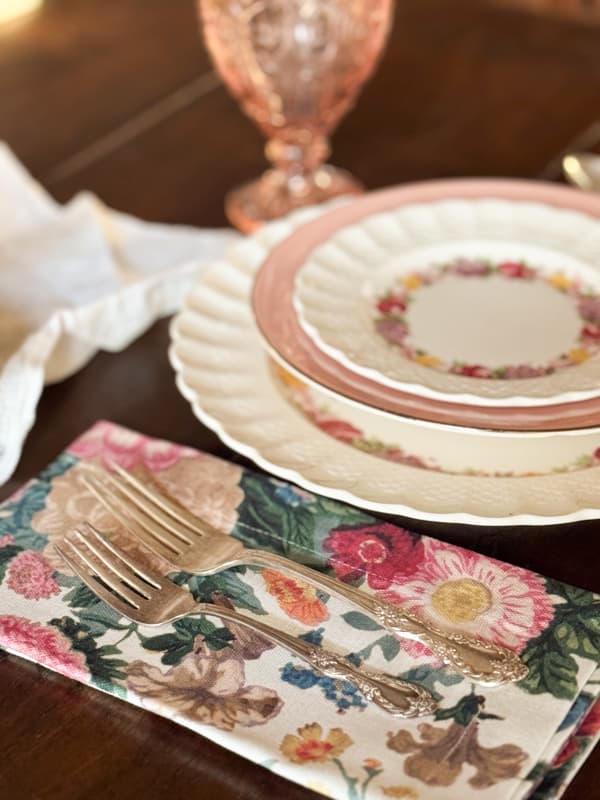 floral napkin with vintage silverware