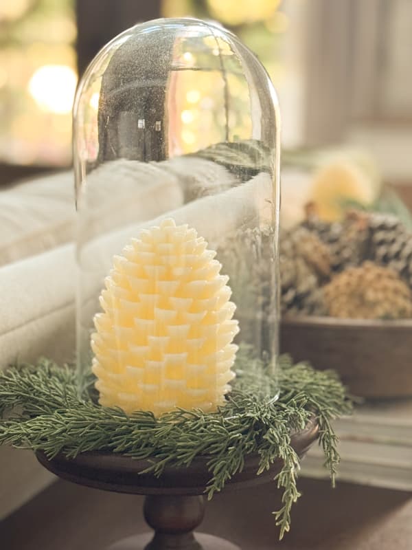 pinecone candle with glass cloche on sofa table