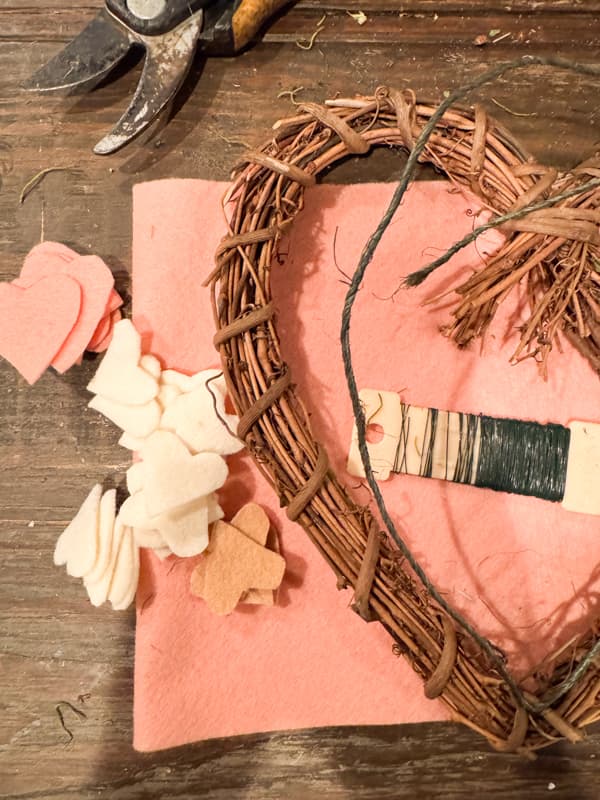 Supplies for DIY Felt flower heart topiaries with grapevine heart wreath