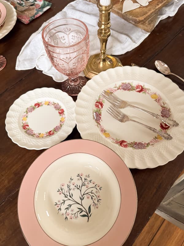 vintage dishes and silverware for Valentine's Day tablescapes