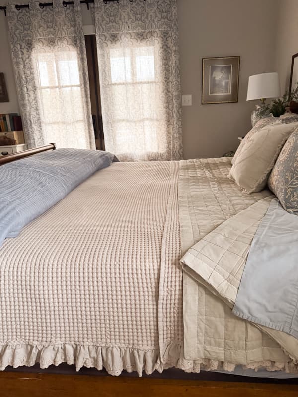 waffle bedding with blues and beige for a Pottery Barn style