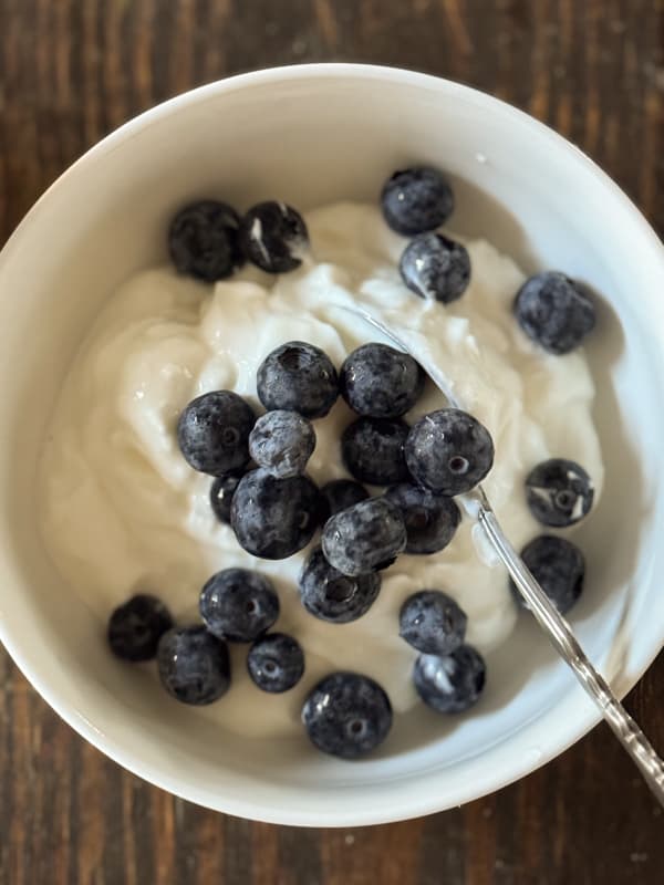 yogurt and blueberries in white bowl with homemade granola on top