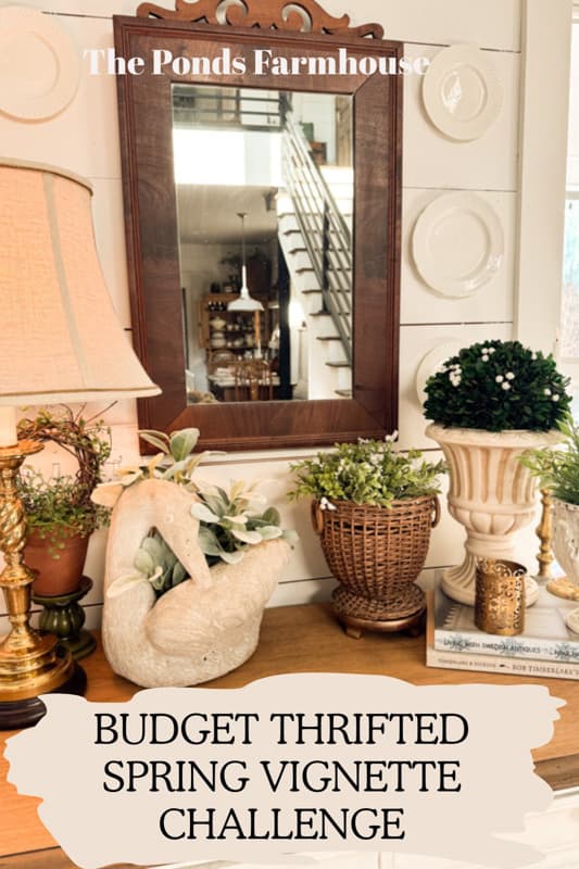 Budget Thrifted Spring Vignette Design Challenge with swan, planters, mirror & plate wall
