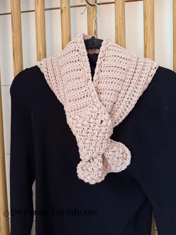 DIY Crochet scarf over black sweater
