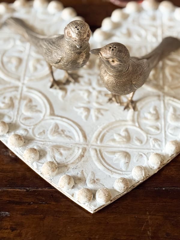 Dollar Tree DIY Heart with brass birds salt and pepper shakers