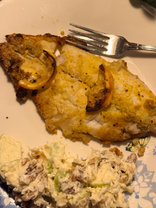 Oven baked cast iron mustard crusted catfish on plate with salad