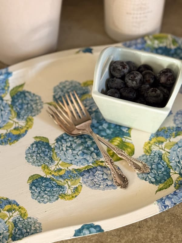 $3.00 Thrifted Silver Tray makeover with hydrangea napkins no-wrinkle technique.  
