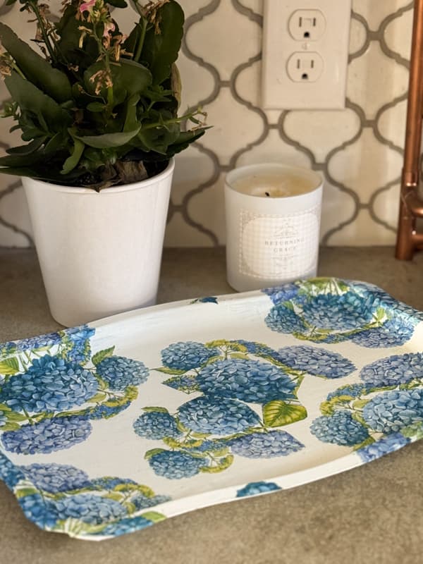 thrifted $3.00 Silver Tray Makeover with hydranges napkin decoupage