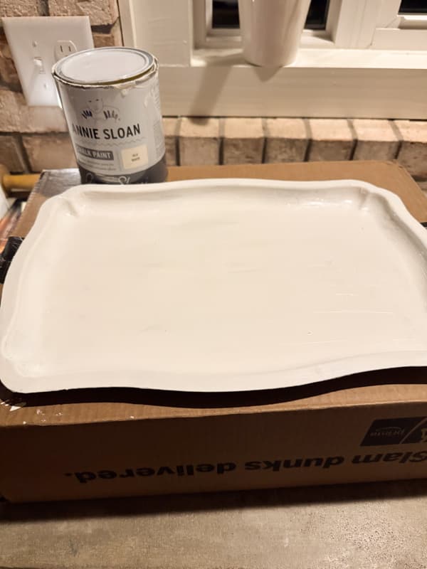 Thrifted Silver Tray painted with Old White Chalk Paint to transform with napkin decoupage