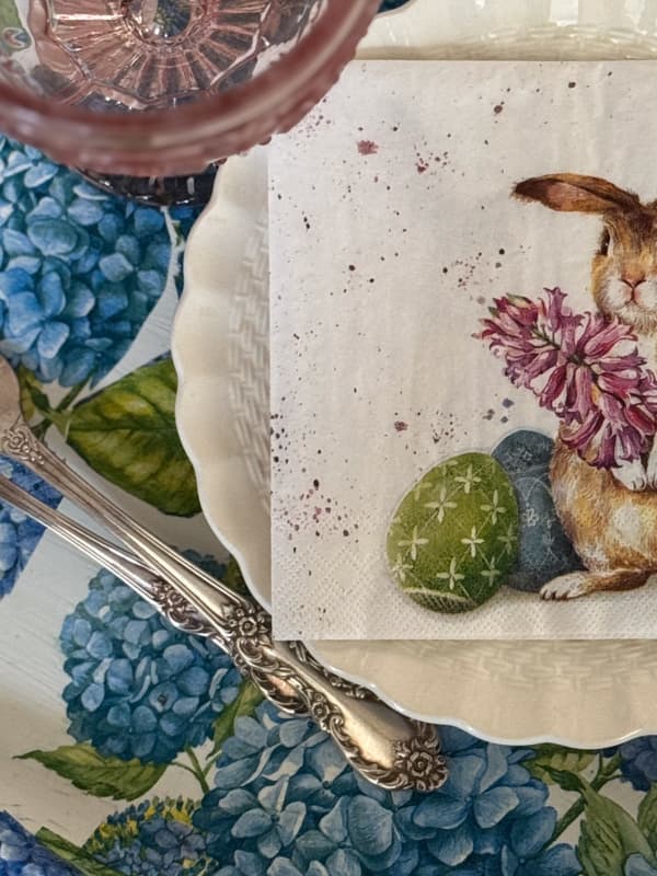 hydrangea tray with silverware, pink goblets and bunny napkin