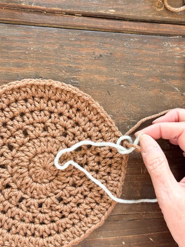 pull the end of the new yarn color through the slip stitch loop