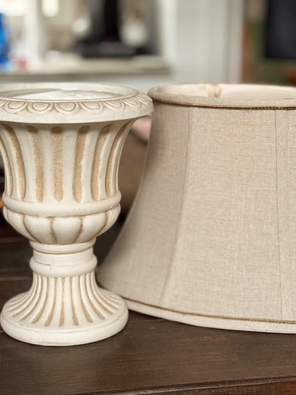 thrift store finds, secondhand lamp shade, urn planter