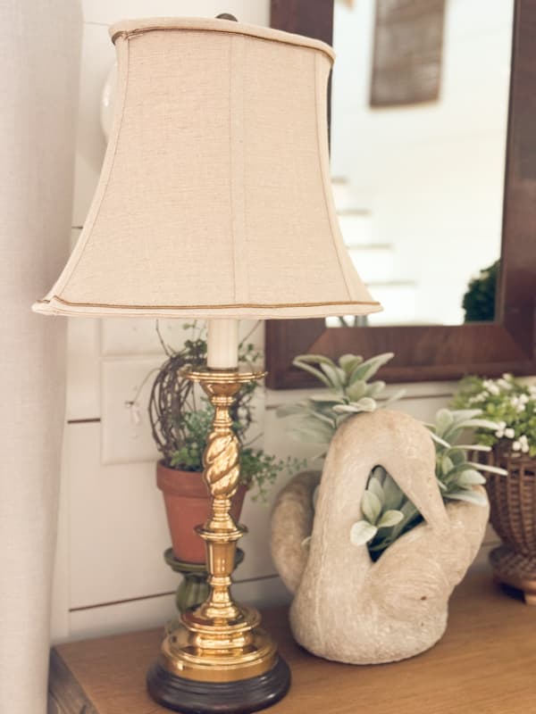 thrifted lamp and lampshade on Spring Vignette with DIY topiary