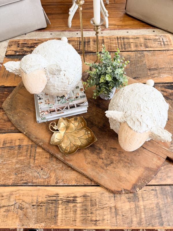 overhead view of 2 fat DIY lambs for Easter & Farmhouse Decorating