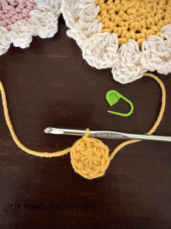 9 double crochets on magic loop slip stitch to form circle