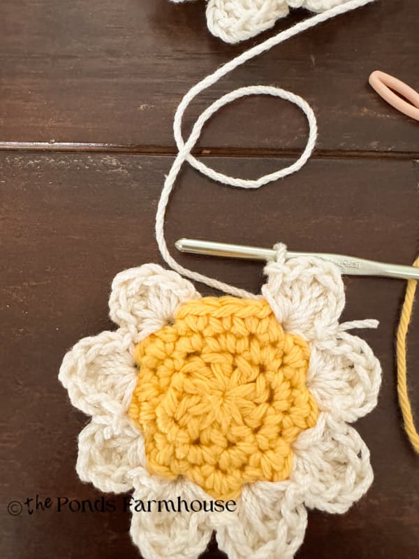 Adding petals until you are almost around the circle leaving a small gap