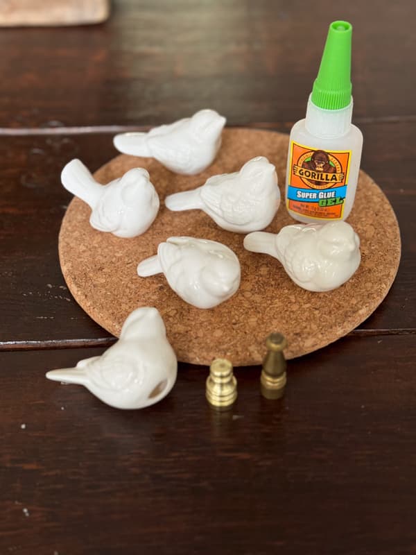 DIY Bird Finial Supplies - ceramic birds, finials, and glue