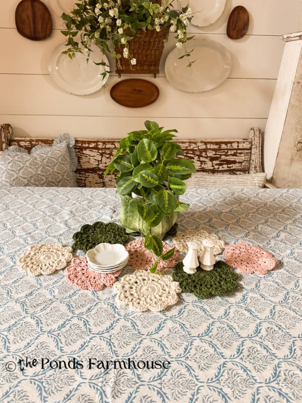 Crochet Doily Table Runner on Block Print Blue & White Tablecloth