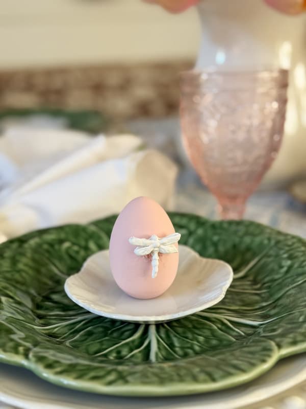 DIY Dragonfly motif pink Egg on cabbage dinner plate for Spring Tablescape