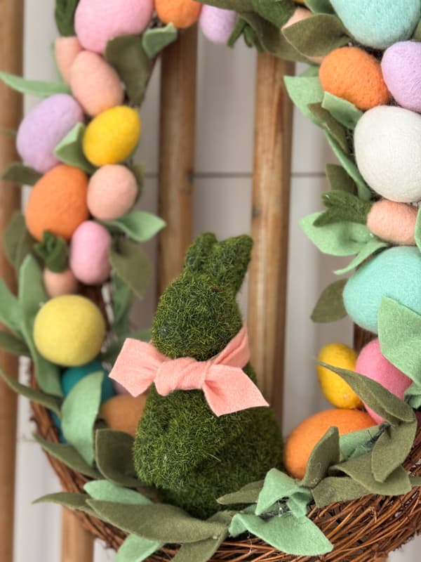 DIY Pastel Felt Easter Egg and Moss Bunny Spring Wreath 