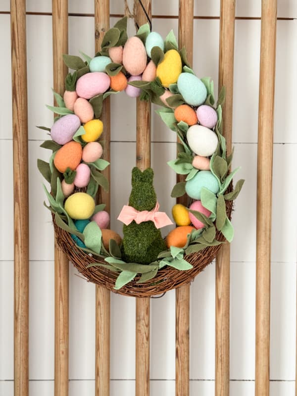 DIY Pastel Felt Easter Egg and Moss Bunny Spring Wreath on Pantry Door.