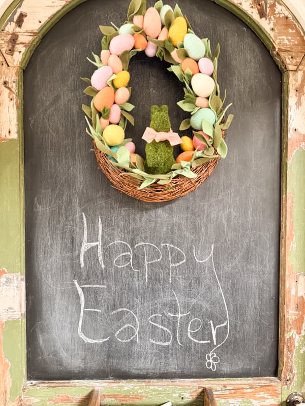 DIY Pastel Felt Easter Egg and Moss Bunny Spring Wreath on Pantry Door.