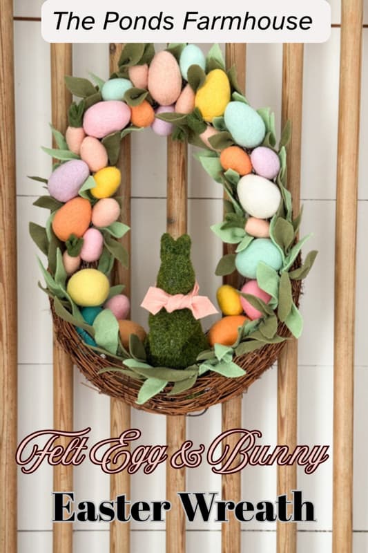 DIY Pastel Felt Easter Egg and Moss Bunny Spring Wreath on Barn Door