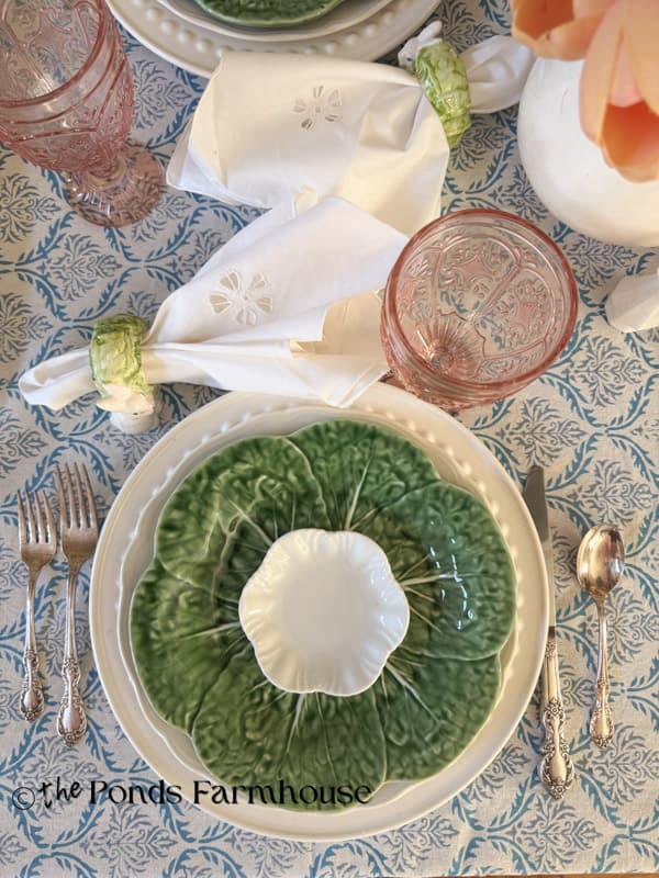 Easter place setting with thrifted cabbage ware and vintage pink glass