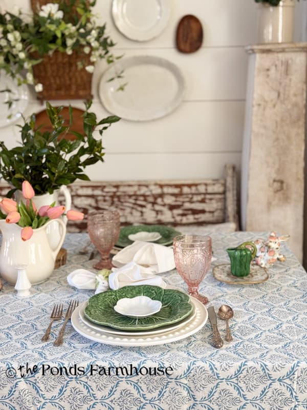 Easter tablescape with cabbage plates and DIY repurposed easter decor