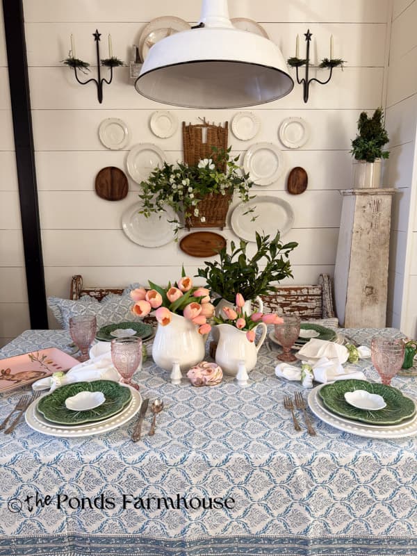 Easter Tablescape with block print table cloth mixing old and new tableware 