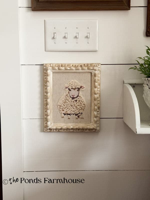 Framed Fluffy lamb cross stitch vintage nostalgic old school pattern