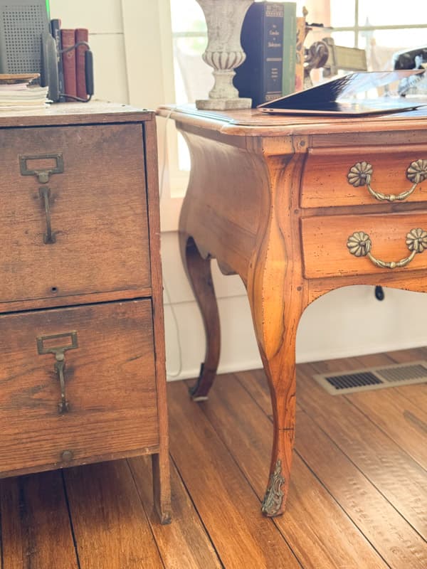 hardware details of French Provincial Writing Desk thrift store find and wood file cabinet