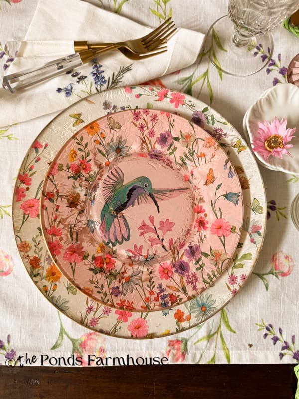 Pottery Barn Inspired Dupe DIY Napkin Decoupage dishes with hummingbird