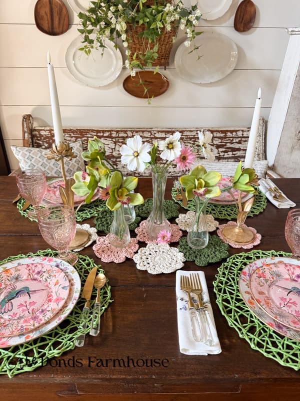 Pottery Barn Inspired Table Setting with DIY Crochet doily table runner and floral centerpiece